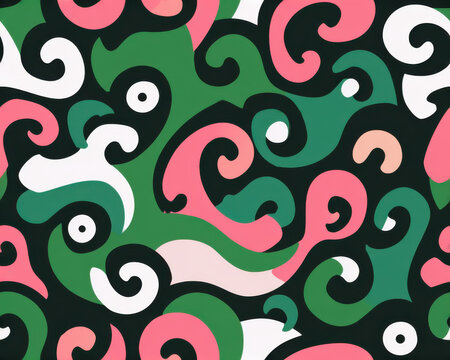 Abstract pattern seamless design swirl motif pink green black white decorative background curved shape graphic texture bold color modern style repeat pattern