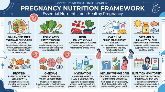 Pregnancy nutrition framework infographic, essential prenatal nutrients guide, healthy maternal diet chart with icons