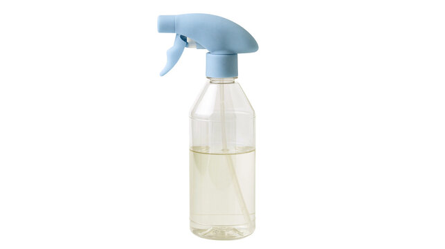Clear plastic spray bottle with light blue trigger sprayer and liquid, isolated on transparent background