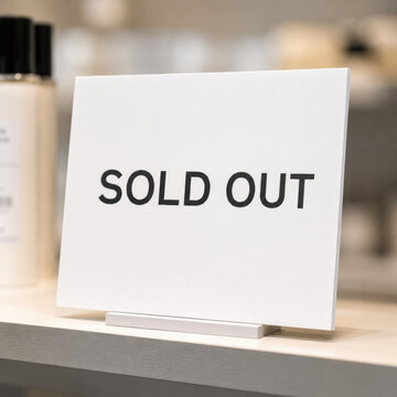 Sold out sign displayed on a retail counter highlighting unavailable products, inventory shortage and high customer demand in a modern store