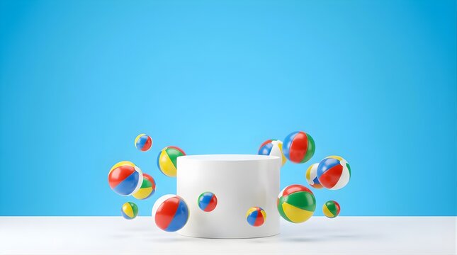 White product display podium surrounded by colorful beach balls on blue