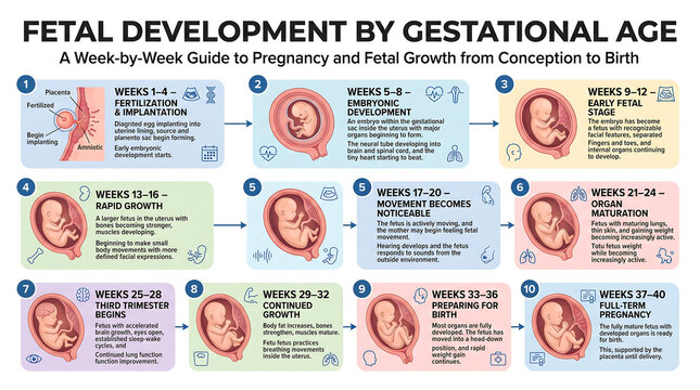 Fetal development by gestational age infographic, pregnancy week by week guide, human embryo and fetus growth stages from conception to birth