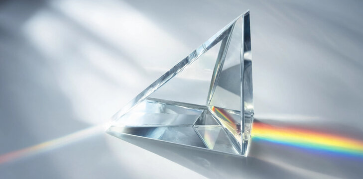 Crystal triangle prism casting a vivid spectral rainbow light beam onto a soft white background with triangle spectrum refraction colorful dispersion geometric reflection background