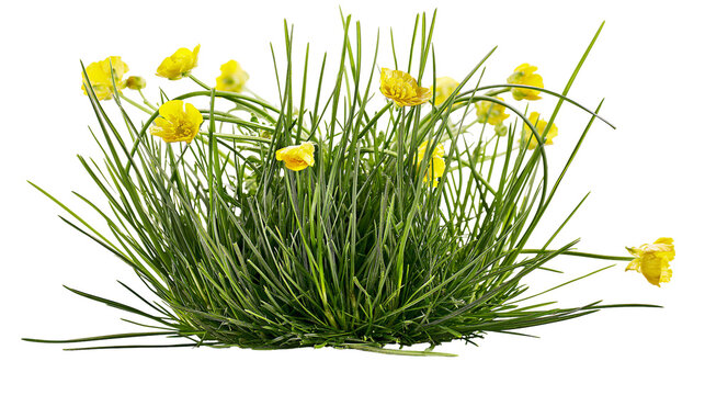 Small clump of green grass with yellow buttercup flowers, isolated on transparent background