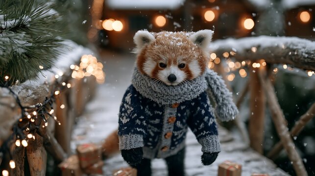 Adorable red panda wearing a cozy knitted sweater and scarf, standing on a snow-covered wooden bridge adorned with festive lights, creating a heartwarming winter scene
