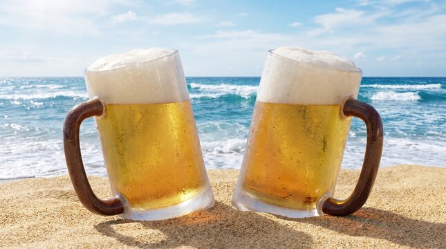 Two cold frosty beer mugs with foam resting on a sunny sandy beach by the ocean waves