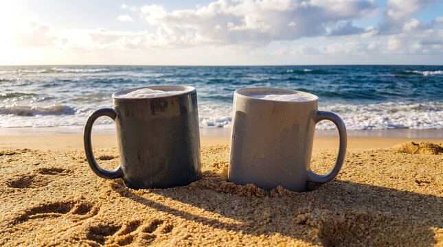 Two ceramic coffee mugs with foamy hot drink sitting on a sandy ocean beach at sunny morning