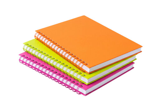 A stack of three colorful spiral notebooks in orange yellow and pink isolated on transparent background