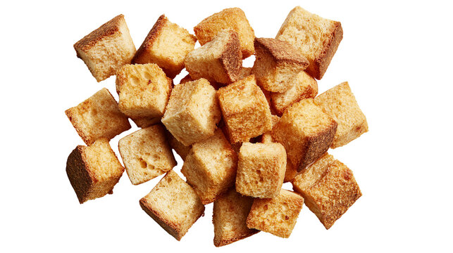 Golden brown toasted bread cubes crunchy texture, isolated on transparent background