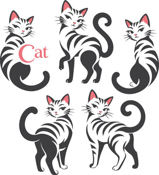 Cute Two Color Striped Cat Characters in Different Poses Vector Set