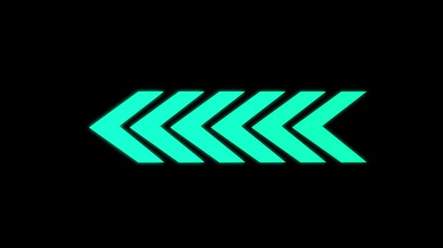 cyan colour right to left arrow icon animation on black background, glowing directional arrow loop out animation swipe left pointing video footage.