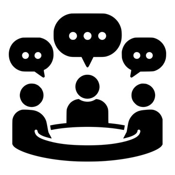 Three People Talking Around a Round Table with Speech Bubbles, Black Silhouette for Discussion Forum, Team Meeting and Online Learning