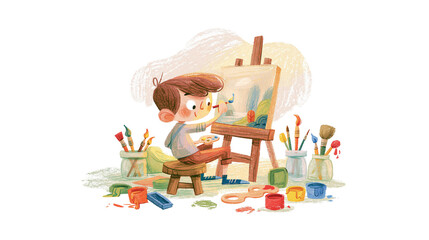 Young boy painting a landscape on an easel surrounded by art supplies, isolated on transparent background