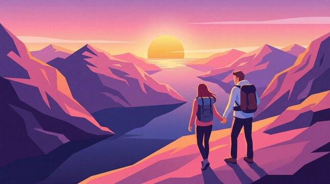 Couple hiking at sunset in northern Norway mountains adventure together