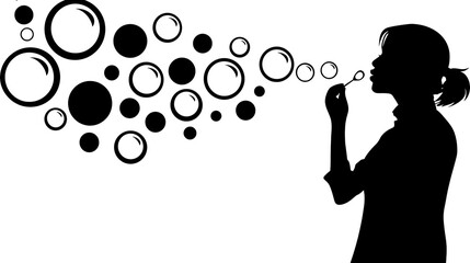 Silhouette of a girl blowing bubbles, isolated on transparent background