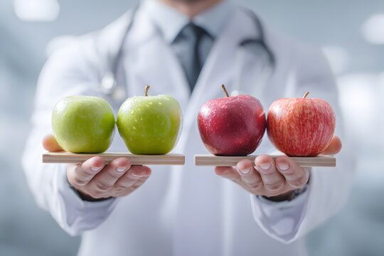 Medical professional in white coat holding two different types of apples, symbolizing healthy eating choices and nutrition advice for wellness.