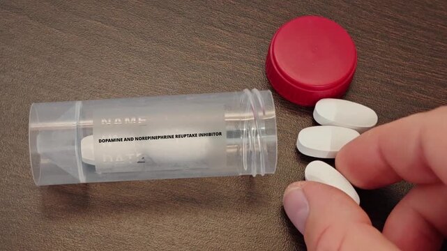 DOPAMINE AND NOREPINEPHRINE REUPTAKE INHIBITOR stimulant or antidepressant drug mechanism for ADHD depression and excessive sleepiness treatment tablet taken by a patient