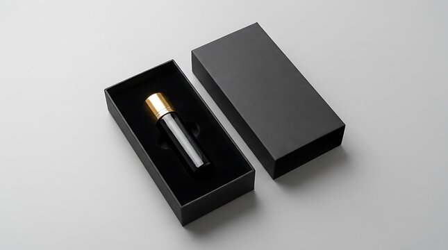 Small black gift box with a luxury perfume bottle inside on a grey surface