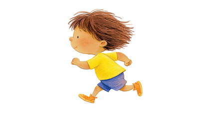 Young boy with brown hair running wearing yellow shirt and blue shorts, isolated on transparent background