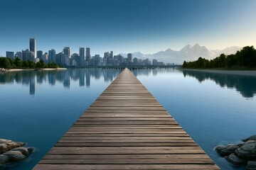 Obraz premium Wooden bridge leading to a distant modern city skyline across a calm reflective body of water with mountains in background