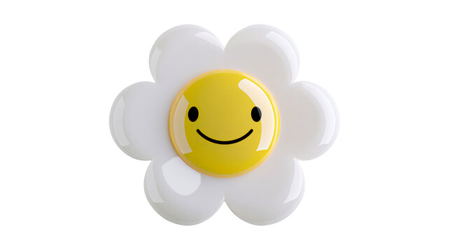 Glossy white daisy flower with happy yellow smiley face, isolated on transparent background