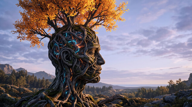 Tree roots form a human head with glowing veins and golden leaves, symbolizing nature's wisdom and life force.