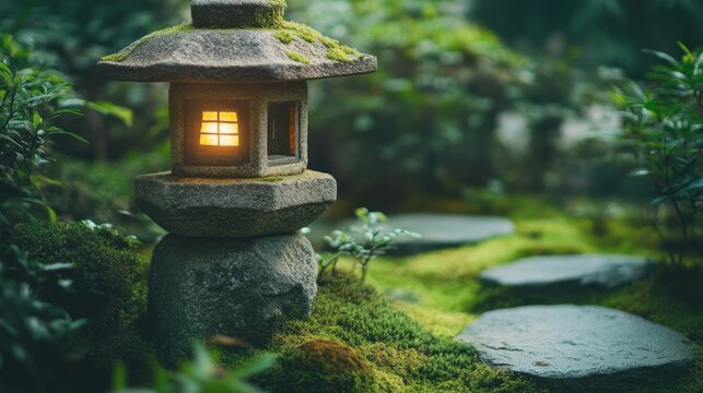 Small traditional stone lantern in Japanese forest garden with soft glowing light moss and plants creating serene cultural landscape for Zen meditation relaxation heritage natural harmony atmosphere
