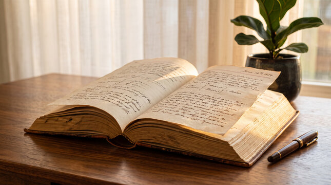 Open antique book with handwritten script, symbolizing knowledge, history, and study, set on a wooden table with a pen.