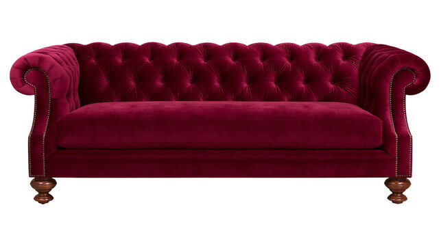 Deep red velvet chesterfield sofa with tufted back, isolated on transparent background