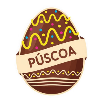 Chocolate Easter egg with colorful sprinkles and Pscoa text label isolated on transparent background