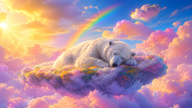 A cute polar bear sleeping peacefully on a floating cloud island in a magical sky with a rainbow and colorful sunset clouds
