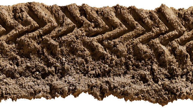 Tire track imprint in brown soil, isolated on transparent background