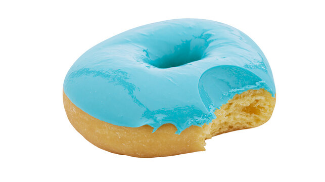 Bitten blue frosted ring donut with golden brown dough, isolated on transparent background