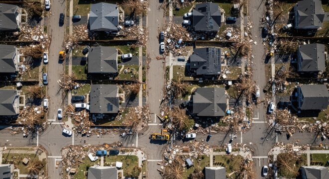 Aerial view of suburban neighborhood devastated by storm debris after catastrophic weather event