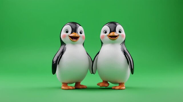 Two adorable penguins standing close in a bright studio setting with a gentle zoom out effect