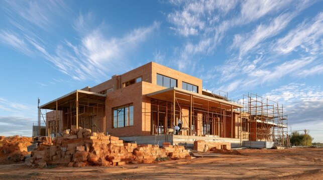 Modern home under construction with exposed wooden beams