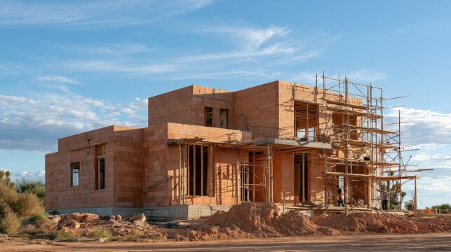 Scaffolded home under construction, brick walls rising
