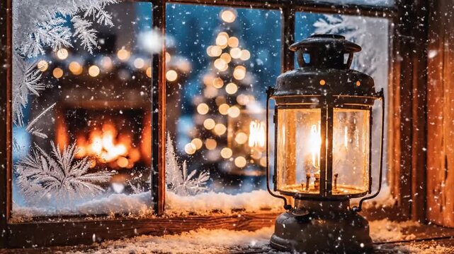 Vintage lantern on snowy windowsill with warm holiday background