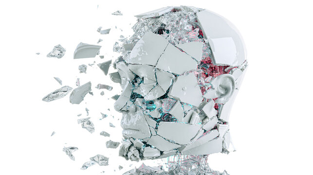 Shattered white ceramic human head revealing internal robotic mechanisms, isolated on transparent background