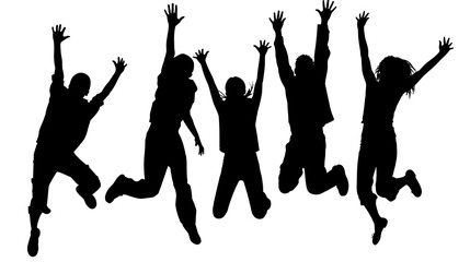 Five diverse people silhouettes jumping joyfully, isolated on transparent background