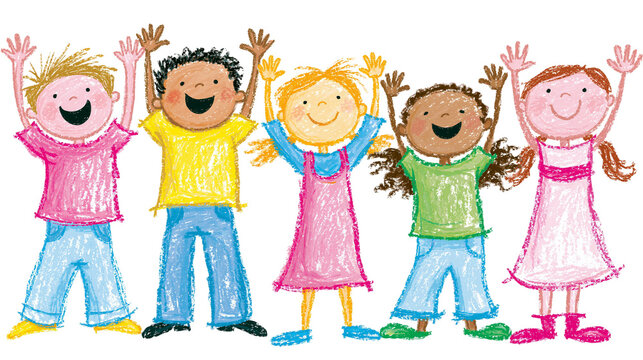 Diverse group of happy children with raised hands, isolated on transparent background