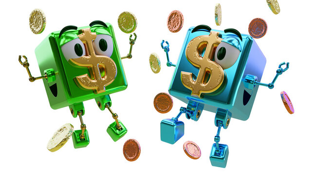 Two cartoon robots with dollar signs surrounded by falling coins, isolated on transparent background