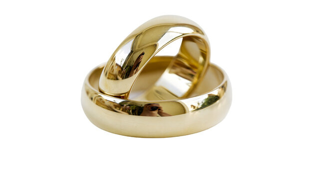 Two polished gold wedding rings one nested inside the other, isolated on transparent background