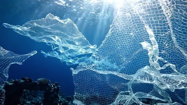 Floating plastic fishing net drifts through clear blue ocean water above vibrant coral reef, sunlight filtering through the surface creating a serene underwater scene