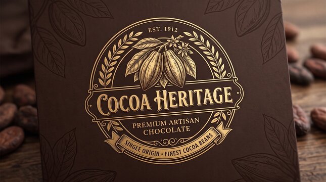 Artisan Chocolate Packaging: Close-up on a rich brown, embossed packaging box featuring a golden, circular logo for Cocoa Heritage.