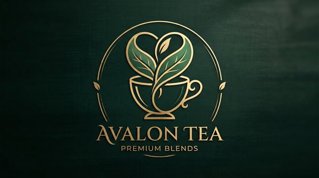 Logo design for premium tea brand featuring a heart-shaped leaf emerging from a teacup, symbolizing natural ingredients and heartfelt quality.