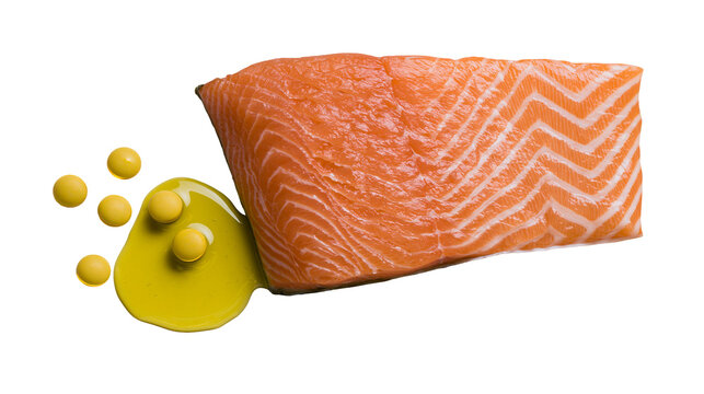 Raw salmon fillet with golden oil droplets and yellow pills, isolated on transparent background