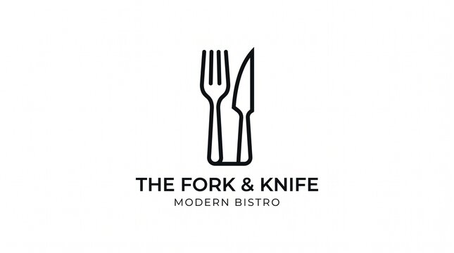 Minimalist Fork and Knife Logo: A sleek, modern line art logo featuring a fork and knife, symbolizing dining and culinary arts, accompanied by text that reads THE FORK & KNIFE MODERN BISTRO