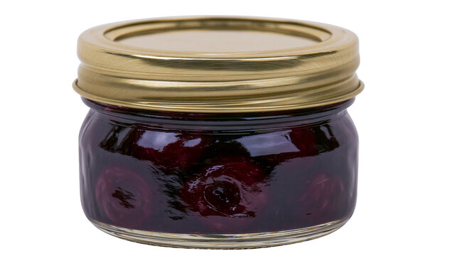 Small glass jar filled with dark red cherry preserves, isolated on transparent background