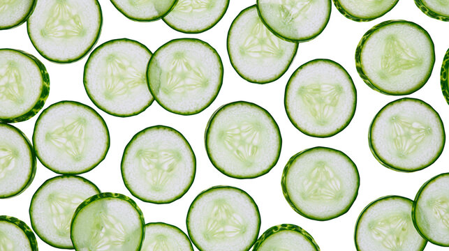 Fresh green cucumber slices with visible seeds, isolated on transparent background
